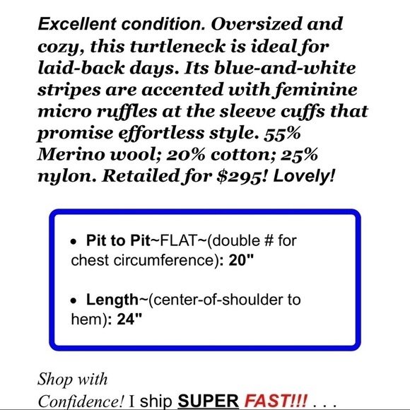 $295 Rebecca Taylor Women Sz XS Navy Blue Striped Merino Wool Turtleneck Sweater - Picture 2 of 13